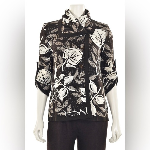 St. John Wool Blend Leaf Print Knit Cardigan Jacket Brown White 12 - Picture 2 of 9